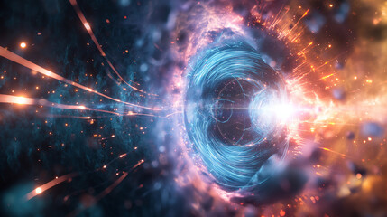 A particle accelerator with visualized strings around the collision point, emitting light and energy. Dynamic and dramatic composition, with cope space