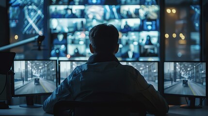 A security guard sitting at his desk in front of multiple monitors, watching the video footage from...