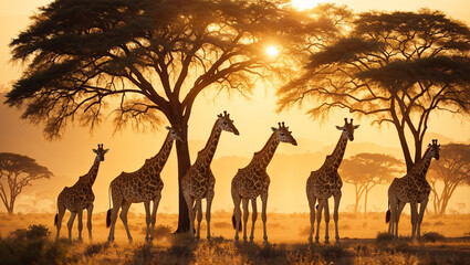 Fototapeta na wymiar a group of giraffes standing in a grassy field. 