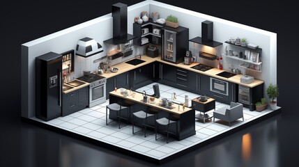 Stylish vector concept isometric kitchen with white and black accent walls, stainless steel appliances