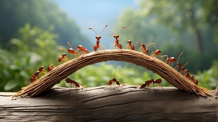Together, a group of ants gathers construct bridge