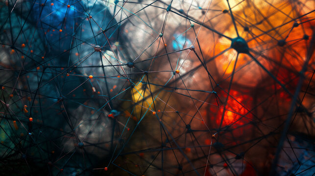 Strings forming a lattice structure, connecting different dimensions in a multi-dimensional space. Dynamic and dramatic composition, with cope space