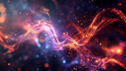 Obraz premium A digital render of strings vibrantly interacting to form subatomic particles, glowing with energy. Dynamic and dramatic composition, with cope space