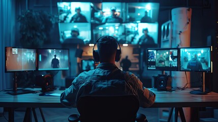 A security guard sitting at his desk in front of multiple monitors, watching the video footage from hundreds of cameras. The video has a crisp, sharp focus and ultra realistic photography in the style