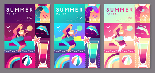 Set of Fluorescent flat summer disco party posters with summer attributes. Mermaid with cocktail, dolphin, tropic leavesand rainbow. Vector illustration © annbozhko