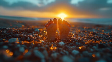 Silhouettes of baby feet against a glowing sunset, with the outline forming a heart shape against the horizon - Powered by Adobe