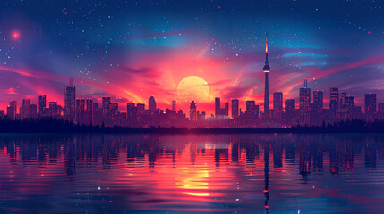 color illustration of night city with reflection in water with sunset