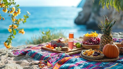 A beach picnic setup with colorful blankets and food, ready for a day of fun selective focus, outdoor feast, vibrant, Composite, picnic area