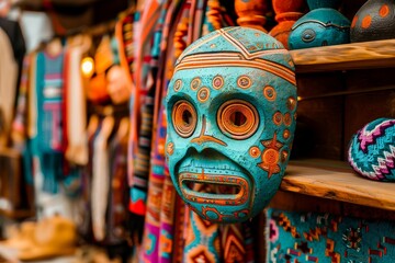 A vibrant handmade wooden mask displayed at a market stall, showcasing detailed craftsmanship and colorful patterns representing traditional culture.