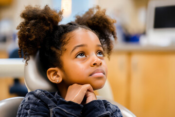 Obraz premium A young girl with curly hair and a thoughtful expression sits in a classroom, looking upwards. She is wearing a black jacket and earrings.