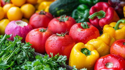 Abstract blurred supermarket aisle with colorful shelves and unrecognizable customers as background. Fresh vegetables on shelf in supermarket for background. Supermarket , fruit and vegetable zone. 