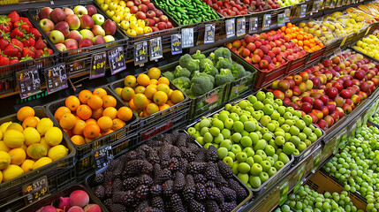 Abstract blurred supermarket aisle with colorful shelves and unrecognizable customers as background. Fresh vegetables on shelf in supermarket for background. Supermarket , fruit and vegetable zone. 