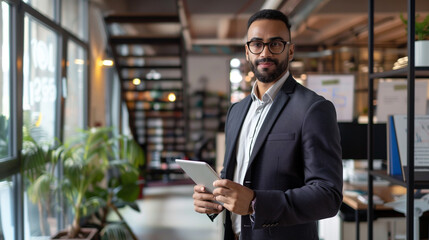 portrait of a businessman or CEO standing in modern office using a tablet checking the e-mails from clients or employees 