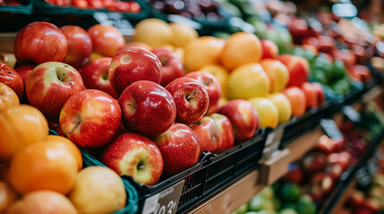 Abstract blurred supermarket aisle with colorful shelves and unrecognizable customers as background. Fresh vegetables on shelf in supermarket for background. Supermarket , fruit and vegetable zone. 