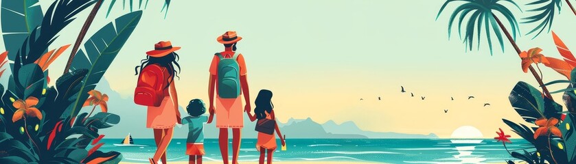 Minimalist travel illustration showing diverse family on vacation, with a limited color palette