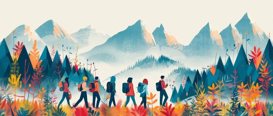 Travel scene with diverse friends exploring nature, illustrated in a minimalist design