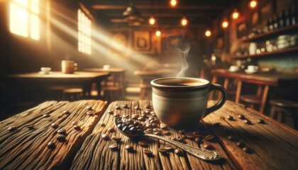 Fototapeta premium Cozy Coffee Shop with Steaming Cup and Beans.