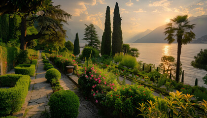 Botanical Garden on Lake Garda in Italy at sunset