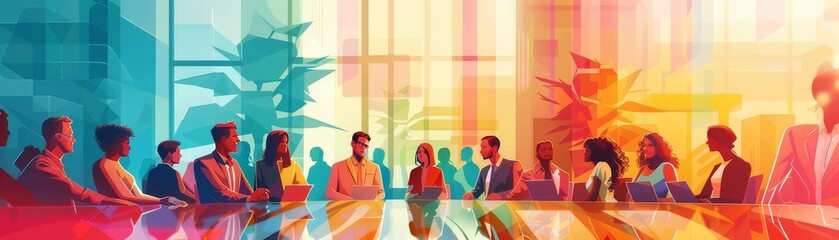 Business meeting illustration with diverse professionals, using clean lines and ample white space