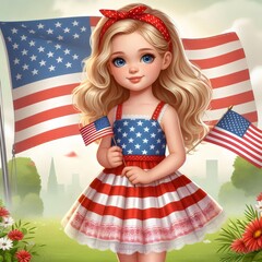 girl and holidays with american flag usa background 