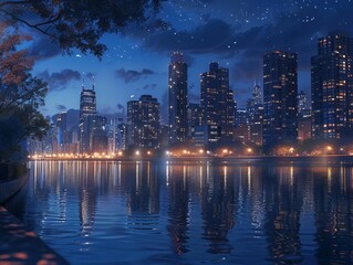 Fototapeta premium Stunning cityscape at night with illuminated skyscrapers reflecting in the calm river, under a starlit sky. Urban landscape beauty.