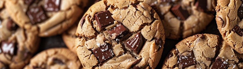 Closeup of chocolate chip cookies, with melted chocolate chunks and a slightly crispy texture, inviting and delicious, Realistic, HighResolution Photography,