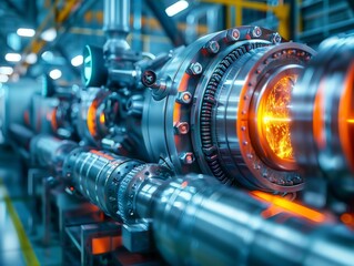 Close-up of advanced industrial machinery with illuminated components, showcasing technology and engineering in a modern factory setting.