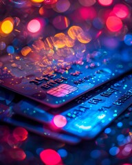 Fototapeta premium Close-up of colorful credit cards with vibrant bokeh lights in the background, emphasizing financial concepts and technology.