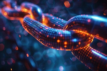 Close-up of digital blockchain chain glowing and illuminated in a futuristic network setting, symbolizing secure technology and connectivity.