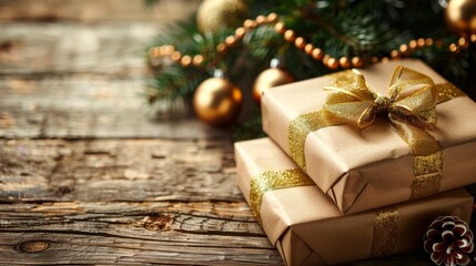 Christmas presents wrapped in vintage brown paper with a golden ribbon  with a decorated fur tree