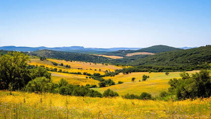 Fototapeta premium A breathtaking panoramic view of a vibrant summer landscape featuring rolling hills, yellow flower fields, and lush greenery under a clear blue sky.