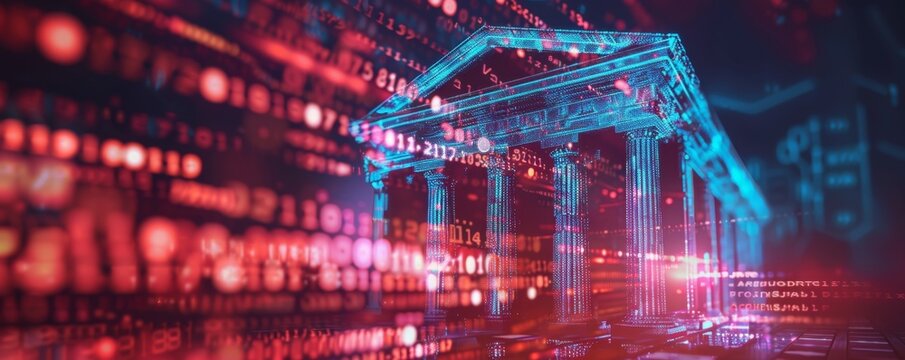 Digital illustration of a government building surrounded by glowing data streams, representing modern technology and cybersecurity.