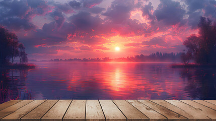 Watch as the sun sets over a tranquil lake painting. - Powered by Adobe