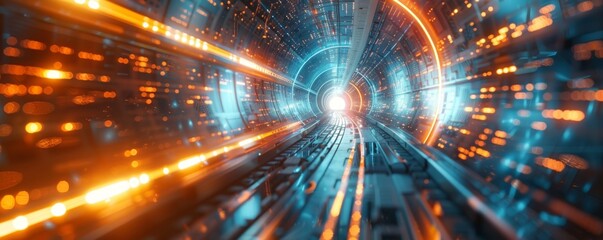 Naklejka premium Futuristic abstract digital tunnel with bright blue and orange lights, representing technology, speed, and data transmission.