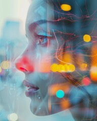 Double exposure of woman's face with city lights, creating a dreamy and futuristic atmosphere with vibrant colors.