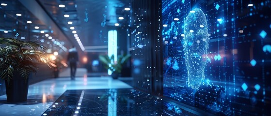 Futuristic office hallway with digital head projection on wall, symbolizing artificial intelligence and modern technology.