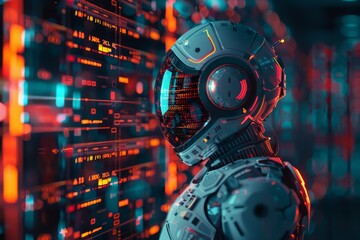 Futuristic robot analyzing data on a digital interface in a high-tech environment, showcasing advanced artificial intelligence technology.