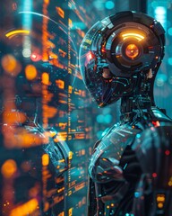 High-tech robot interacting with a digital interface, showcasing artificial intelligence and futuristic technology in a vibrant setting.
