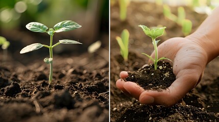 A Hand Tenderly Cradling Soil and a Sprouting Plant Symbolizing Hope and Growth in Sustainable Agriculture Generative ai