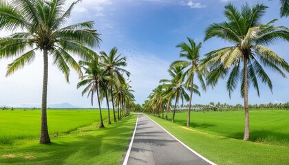 A beautiful wide clear road green land both side palm trees road side with palm trees