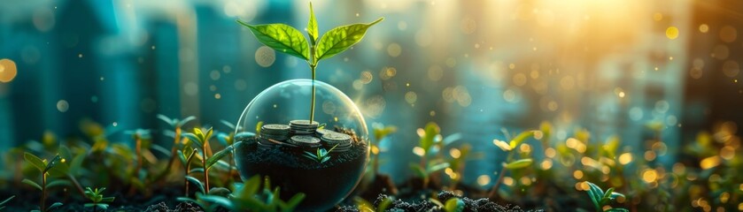 Small plant growing in a glass dome with a cityscape in the background, symbolizing environmental sustainability and urban green initiatives.