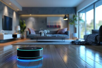 Smart home living room with robotic vacuum cleaner on hardwood floor, modern interior, natural light, and tech lifestyle.