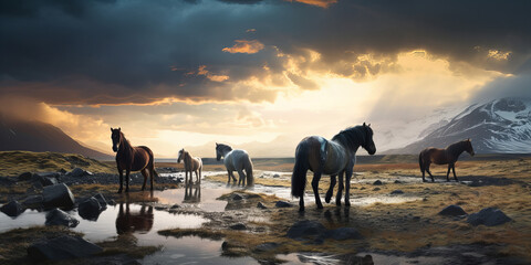 A herd of horses near the river in beautiful landscape. - Powered by Adobe