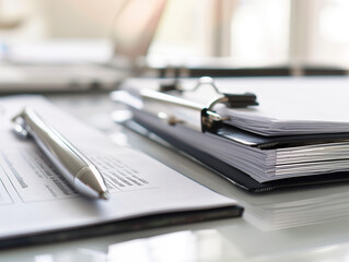 Ringordner auf dem Tisch, daneben zu unterzeichnende Dokumente, Kugelschreiber auf den Dokumenten, wei&szlig;er Tisch.