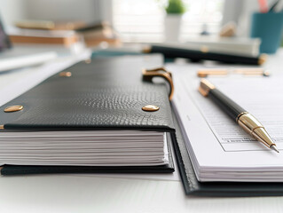 Ringordner auf dem Tisch, daneben zu unterzeichnende Dokumente, Kugelschreiber auf den Dokumenten, weißer Tisch.