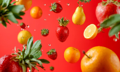 Mid-air fruits against red backdrop, showcasing strawberries, lemons, oranges, apple, pear, water droplets, refreshing atmosphere, vibrant coloration