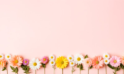 Colorful flowers line bottom edge, various types, pink background, bright, cheerful, spring theme, floral arrangement, fresh blossoms, border, empty copy space above, mood is bright and cheerful