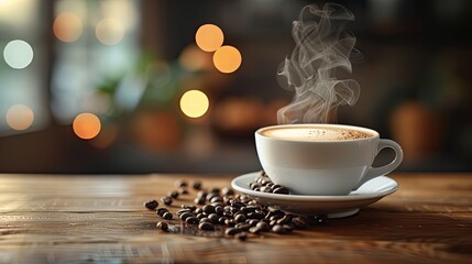 Artistic shot of a steaming white coffee cup with black coffee and a natural swirl, coffee beans on a wooden background