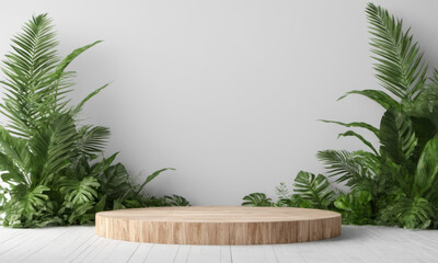 Product placement. Minimalist Display with Wooden Podium, Green Tropical Plants, White Background, Product Presentation