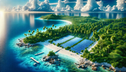 Solar panels on a remote island, Energy sources for renewable, Ecology concept Generative AI technology.